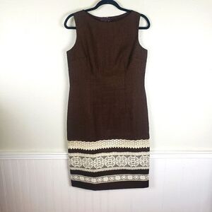 Women's David Meister Brown Tweed White Lace Sleeveless Dress Size 10/Med